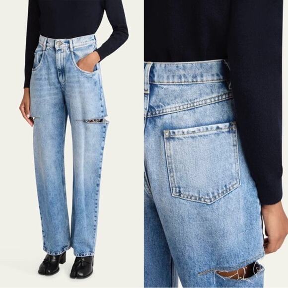 MAISON MARGIELA Jeans 28”Blue High-Waist Barrel Wide Slashed Raw-Hem Luxury Zip - Picture 1 of 15